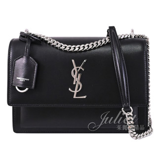 【茱麗葉精品】YSL 442906 Sunset 滑面牛皮翻蓋肩/斜背鍊包.黑/銀 現貨在台