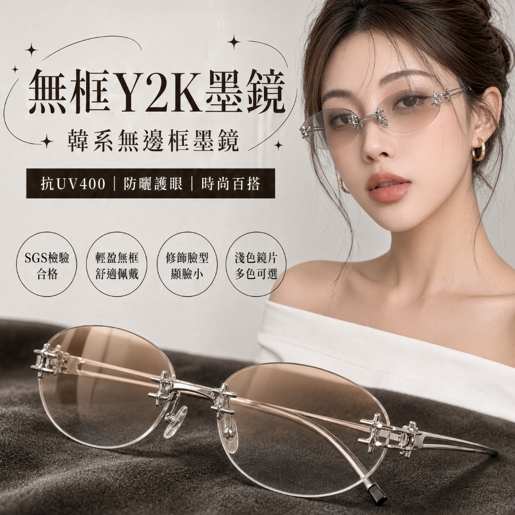 復古高級感穿搭墨鏡 y2k千禧年辣妹 無框金絲ins推薦太陽眼鏡 74556