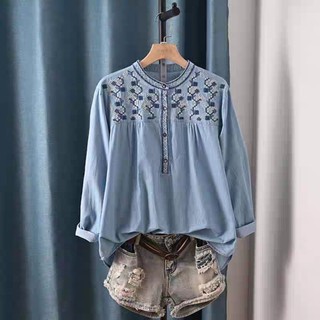 CHIC style 刺繡上衣 水洗棉 單寧藍 刺繡長袖 韓系上衣 民族風上衣 寬鬆版型 休閒百搭 女裝