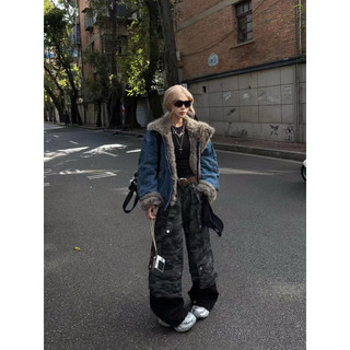 美式座山雕毛領加厚牛仔外套 Vintage Fur Collar Padded Denim Jacket