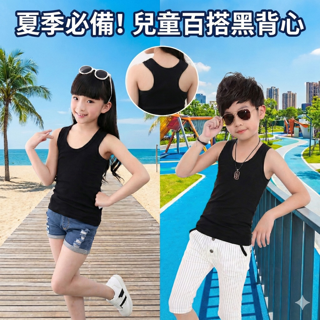 現貨〔兒童上衣D6F】夏季純棉黑色工字背心 90~160cm ♥ 吊帶背心 男女童皆可 中大童黑色背心 透氣舒適 百搭款