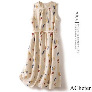 ACheter 印花棉麻感連身裙文藝減齡無袖背心長版洋裝121926