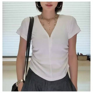 (全新特價) 韓版女裝-HJ家白色V領顯瘦拉鍊短袖上衣/短袖T恤/流行女裝/韓系女裝/日系女裝/夏天女裝