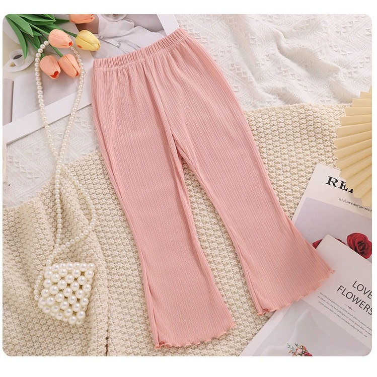 【EDLIN】夏季女童防蚊冰絲喇叭褲 粉 米白 黃 卡其 黑＊80-160。60483E