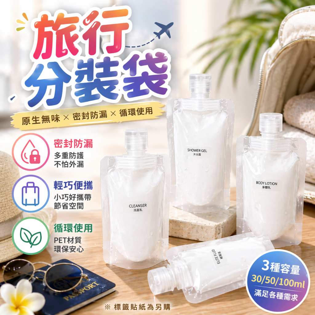 旅行分裝袋 洗髮精分裝袋 沐浴乳分裝袋 保養品分裝袋 便攜分裝袋 出差盥洗袋 化妝水分裝袋 液體分裝袋 乳液分裝袋