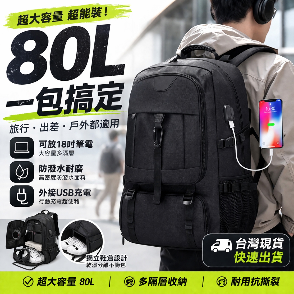 台灣現貨🚚 80L超大容量後背包 可登機｜可放18吋筆電 防潑水耐磨 旅行/登山/出差多功能背包 USB充電