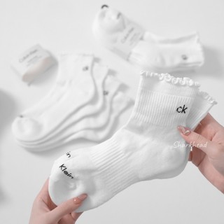 【Sharkhead】現貨 Calvin Klein 短襪 捲邊襪 踝襪 花邊 白色 全白 厚底 襪子 木耳邊 荷葉邊
