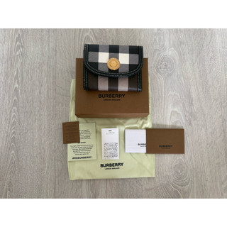 BURBERRY Lancaster圓標LOGO帆布拼牛皮6卡按釦三折零錢短夾