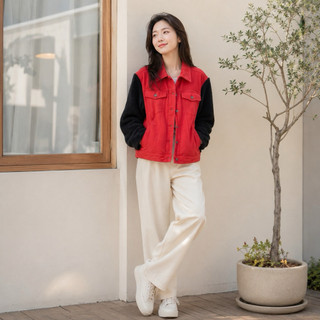 全新專櫃Sisjeans 精品款樣衣中性紅色牛仔拼接毛袖外套
