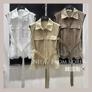 Nita✈️韓國帶回 高級感蕾絲拼接繫帶無袖襯衫上衣女上衣