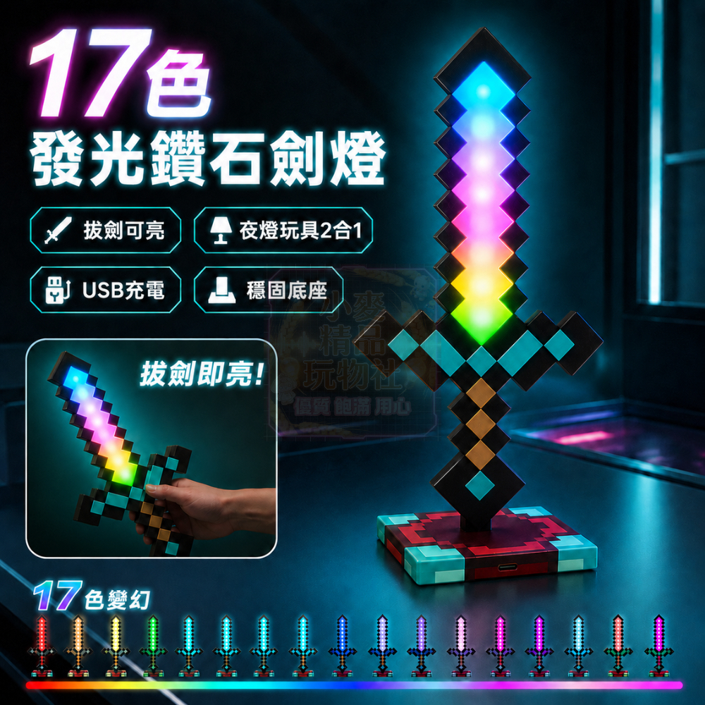 隔日達現貨✨17色變幻發光鑽石劍 二合一MC發光鑽石劍燈 鑽石變色劍小夜燈 像素風MC變色劍 沙盒遊戲風格發光劍 禮物