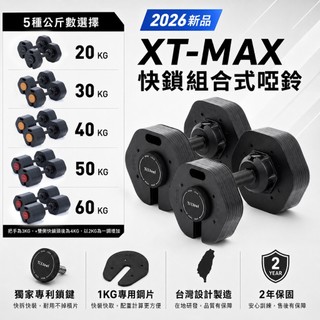 【Tixteel】XT-GRIP MAX快鎖組合式啞鈴20/30/40/50/60公斤(一對),2kg一調,安全耐摔