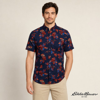 【Eddie Bauer】男性 短袖純棉印花襯衫-海軍藍 11601715