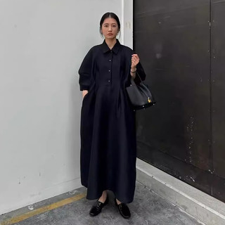 【日系clane松本惠奈貴牌風格泡泡袖黑色洋裝】ins博主設計感線條氛圍五分燈籠袖連身裙，寬鬆版型時髦長裙肉肉小個子友善