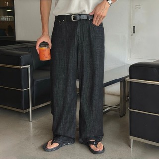 正韓夏日薄料獨特竹節紋理牛仔寬褲 炭黑色 YUPPIE 預購商品 0727