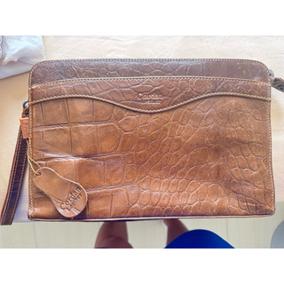 Cordan Leather 棕色鱷魚紋壓花真皮手拿包 皮革吊牌拉鍊手腕帶 復古 老包