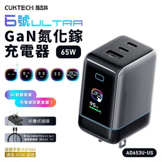 CUKTECH 酷態科 AD653U-US 6號Ultra 65W 氮化鎵充電器套裝 2C1A 螢幕快充 附240W線