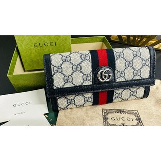GUCCI Ophidia GG Supreme經典老花長夾｜藍紅織帶雙G