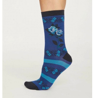 全新 THOUGHT 復古 古典 藍色花朵印花 女款 中筒襪 Floral Mid-Calf Socks