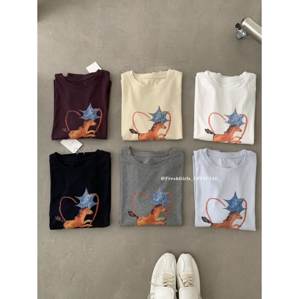 【TINY太妮絲FR08】現貨 韓系 星星小馬 短袖上衣 可愛 基本款 棉質上衣 心動天使短T 日常穿搭 圓領 韓妞必備