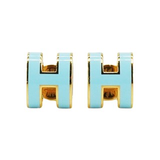 Hermes Pop H 立體簍空橢圓logo耳環-mini(暴風藍/金)