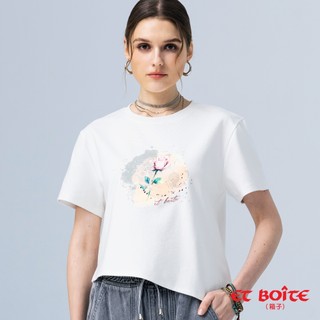 BLUE WAY ET BOiTE 箱子 - 女款 斜剪裁下襬玫瑰印花短TEE(白)