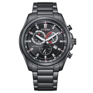 CITIZEN 星辰Chronograph系列 三眼計時黑鋼光動能腕錶*紅色指針 AT2137-50F