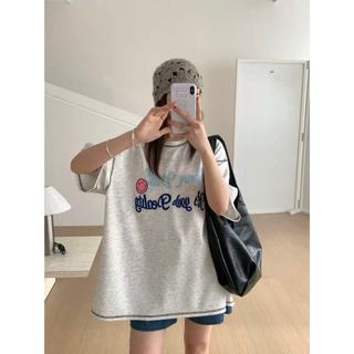 【CHILL】現貨 街頭穿搭感！撞色反車線笑臉刺繡Tee Oversize 短袖上衣 寬鬆五分袖T 美式短T 下身失蹤