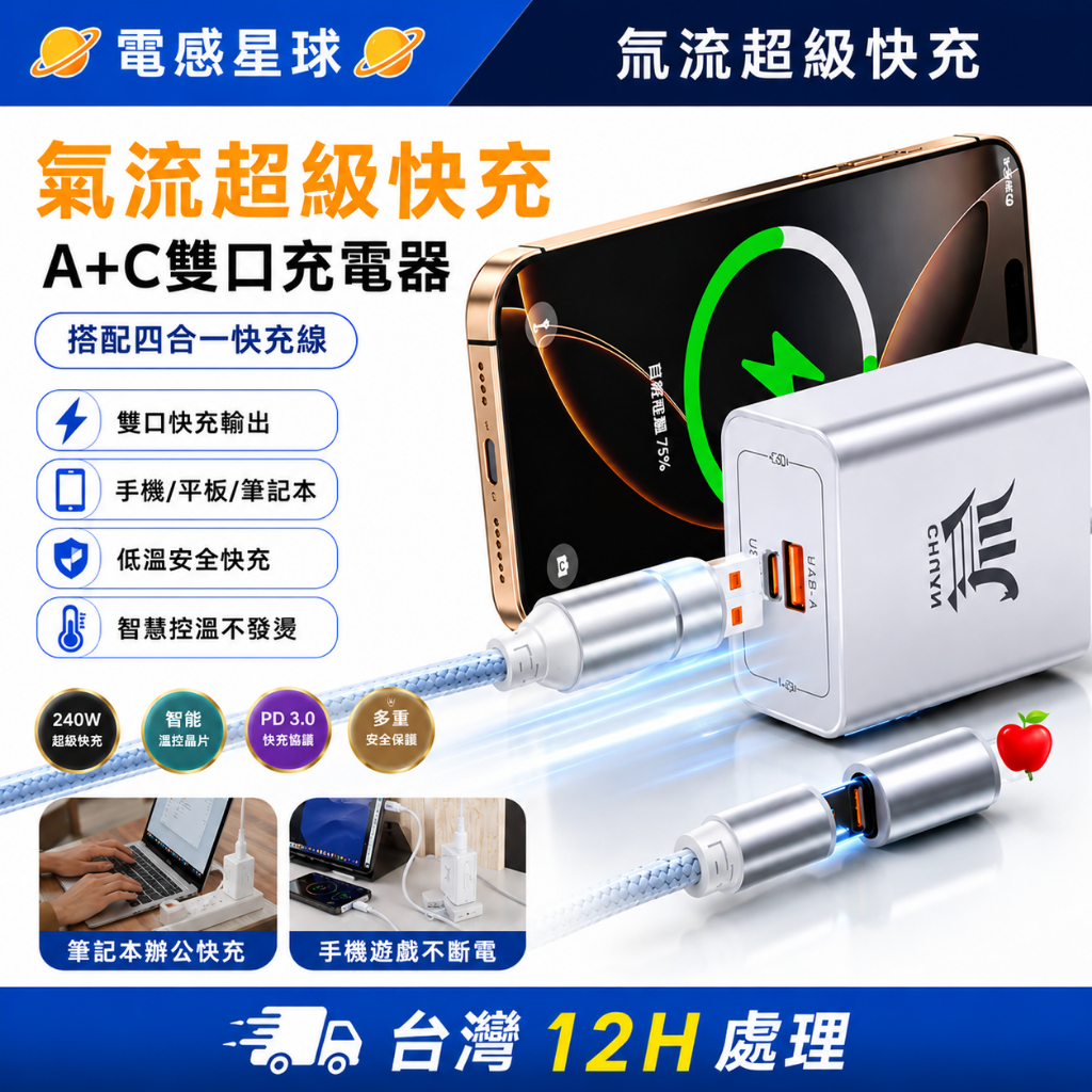 ⚡台湾出貨⚡氚流快充套組 PD快充 氮化鎵充電器USB/Typec 適用華爲小米榮耀等系列