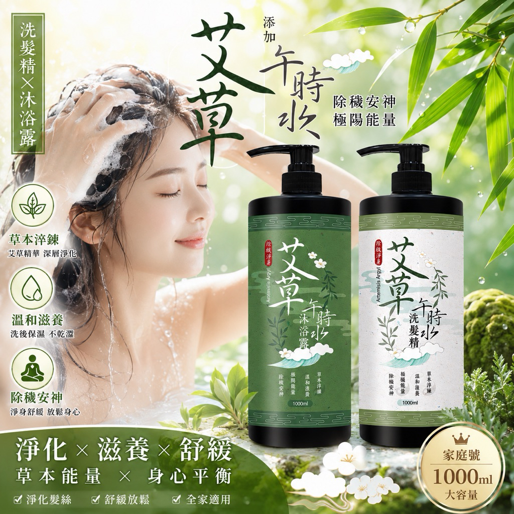 現貨 台灣製造 隔日到貨 快速出貨 家庭號1000ml 新品熱銷款 午時艾草洗髮精沐浴露 1000ml 芙蓉沐浴露