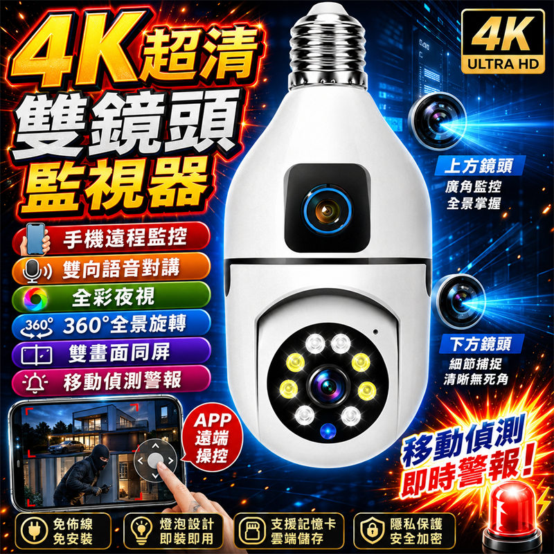【360°全景監視器🚀】燈泡監視器 偽裝監視器 雙鏡頭監視器 戶外攝影機 雙目監視器 高清監控 遠端攝影機 小米監視器