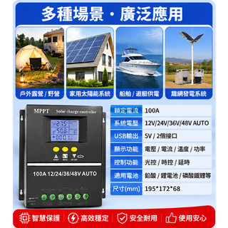 臺灣現貨 MPPT太陽能控制器 12V/24V/36V/48V 全自動智慧充電器 鋰電池鉛酸電池通用 光伏發電充電控制器