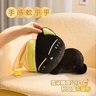 🌟台灣發貨🌟睡帽黑貓 絨毛玩偶 趴趴貓 睡眠抱枕 軟萌小黑貓 貓咪抱枕 生日禮物