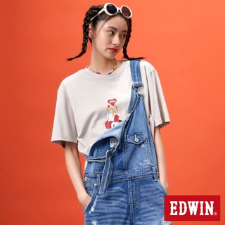 EDWIN 中性款 網路獨家 情侶插畫LOGO短袖T恤(淺卡其)