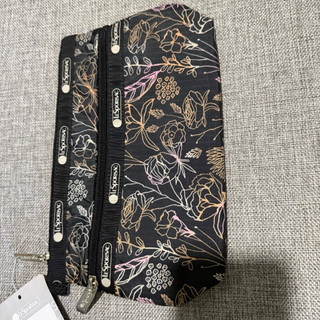 Lesportsac 黑底彩色線條花 化妝包/收納包/洗漱包