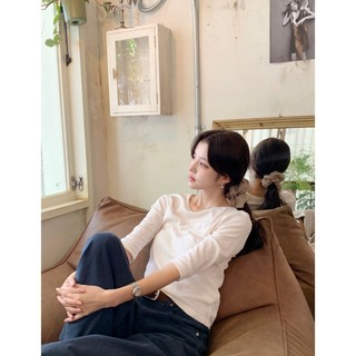 韓國代購KOREA_90 SHOP清雅氣質網拍MILKCOCOA 細緻織花圓領七分袖短版T恤