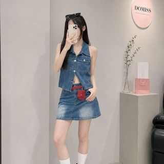 【濃藍洋裝】DOMISS掛脖背心+短裙牛仔套裝- 牛仔洋裝 附小包(現貨)