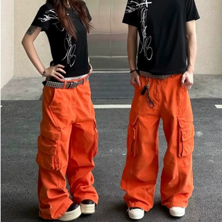 限時特賣🚀美式復古大口袋定染橘色長褲 Cargo立體 工裝褲 休閑長褲 baggy長褲 落地褲 闊腿褲 寬鬆 韓版男裝