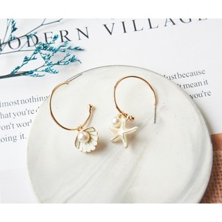 {Luna Jewelry🥰日常的微光} 貝殼星星耳環(綠) C圈.韓款耳環 法式珍珠飾品 防敏鋼針 鋼針耳環 純鋼耳環