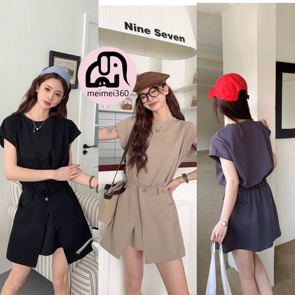 〔meimei360 〕現貨款 韓系假兩件掐腰開衩連衣裙洋裝 曼巴棉短洋裝 1200