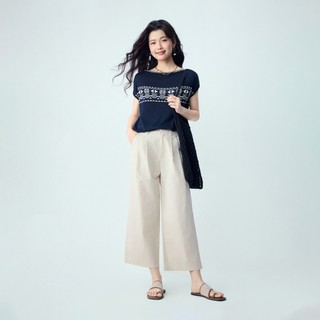 GIORDANO 女裝純棉壓褶半鬆緊腰闊腿九分褲【雙色任選】13426301