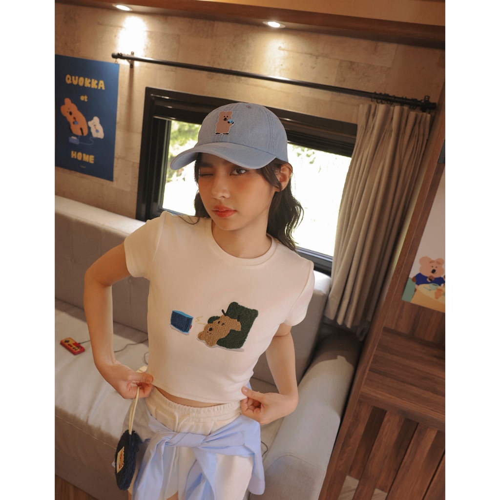 AIR SPACE LADY 【DINOTAENG】毛巾繡圖案圓領短袖短版TEE(白/深藍/咖啡) 女裝 現貨