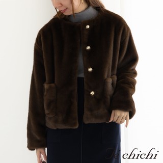 Te chichi 柔軟毛絨雙口袋排釦短版無領外套(0F001376810)