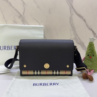 BURBERRY 小牛皮拚帆布格紋翻蓋斜背包