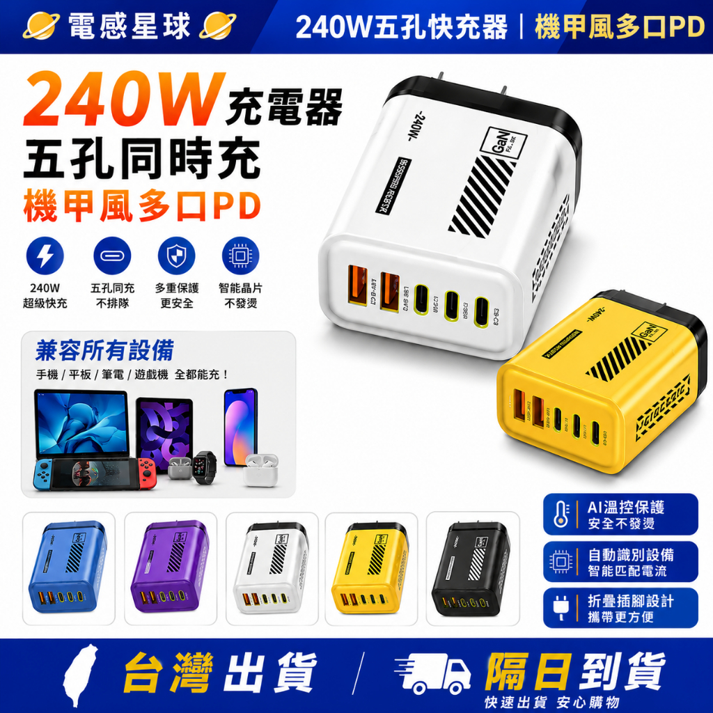 ⚡現貨隔日配⚡臺灣發貨 機甲風240W充電器 雙USB+3Type-C 多口PD充電頭 手機充電器 充電器
