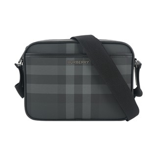 BURBERRY Muswell 格紋帆布及牛皮拉鍊斜背包(炭灰色)