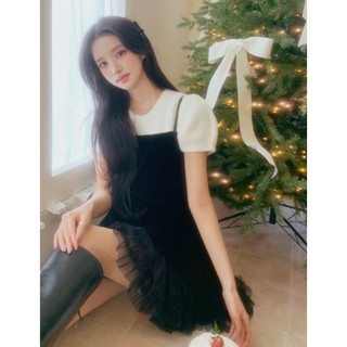 韓國代購KOREA_90 SHOP清雅氣質網拍MILKCOCOA 黑色絲絨細肩帶平口後綁帶蝴蝶結無袖小可愛