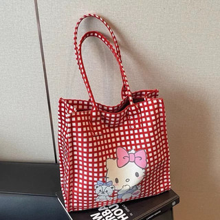 格子Hello kitty帆布包 可愛大容量單肩包 托特包 手提包