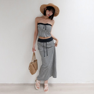 【Aa.chic】滾邊條紋兩件式套裝(女裝).兩件式/套裝/條紋/彈性/滾邊/夏天/穿搭/實拍【C089813】