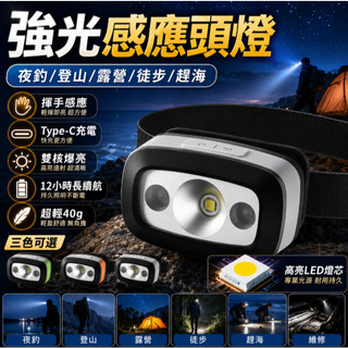 台灣現貨🚢矽膠感應頭燈 Type-C充電 白光戶外跑步 釣魚COB頭燈 工作帽頭燈 工地頭燈 頭燈LED頭燈 登山燈